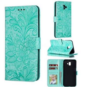 Intricate Embossing Lace Jasmine Flower Leather Wallet Case for Samsung Galaxy J6 Plus / J6 Prime - Green
