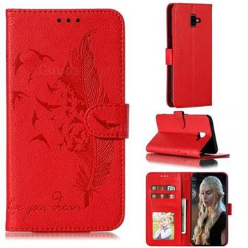 Intricate Embossing Lychee Feather Bird Leather Wallet Case for Samsung Galaxy J6 Plus / J6 Prime - Red