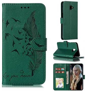 Intricate Embossing Lychee Feather Bird Leather Wallet Case for Samsung Galaxy J6 Plus / J6 Prime - Green