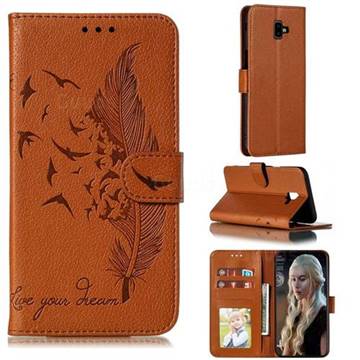 Intricate Embossing Lychee Feather Bird Leather Wallet Case for Samsung Galaxy J6 Plus / J6 Prime - Brown