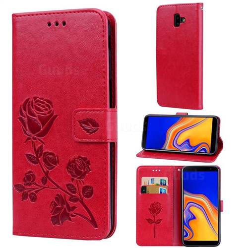 Embossing Rose Flower Leather Wallet Case for Samsung Galaxy J6 Plus / J6 Prime - Red