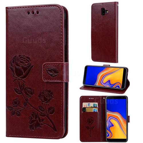 Embossing Rose Flower Leather Wallet Case for Samsung Galaxy J6 Plus / J6 Prime - Brown