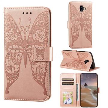 Intricate Embossing Rose Flower Butterfly Leather Wallet Case for Samsung Galaxy J6 Plus / J6 Prime - Rose Gold