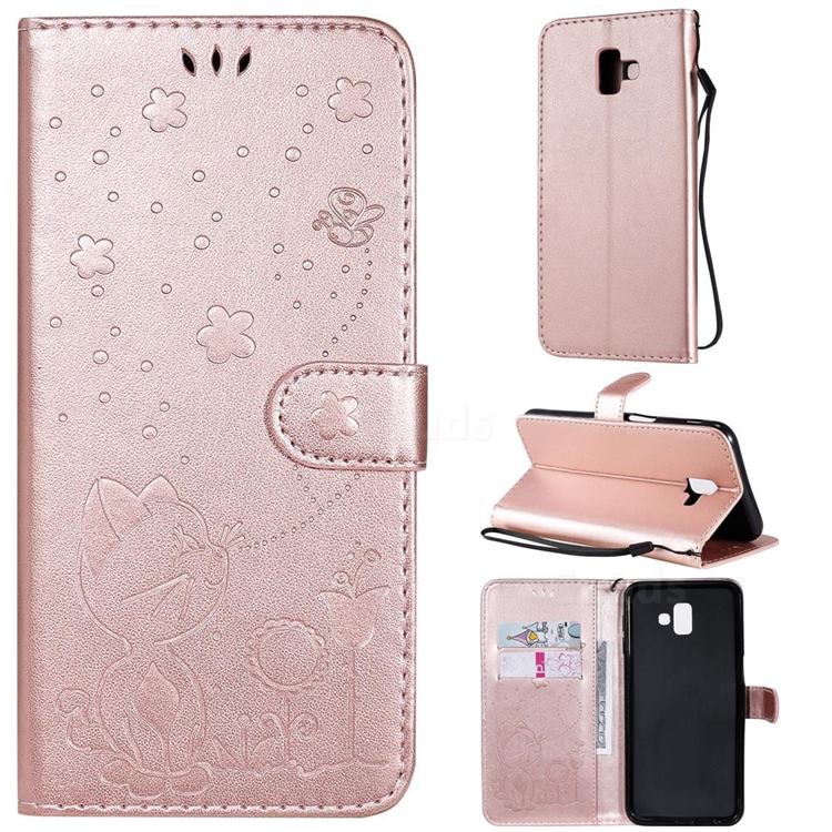 Embossing Bee and Cat Leather Wallet Case for Samsung Galaxy J6 Plus / J6 Prime - Rose Gold