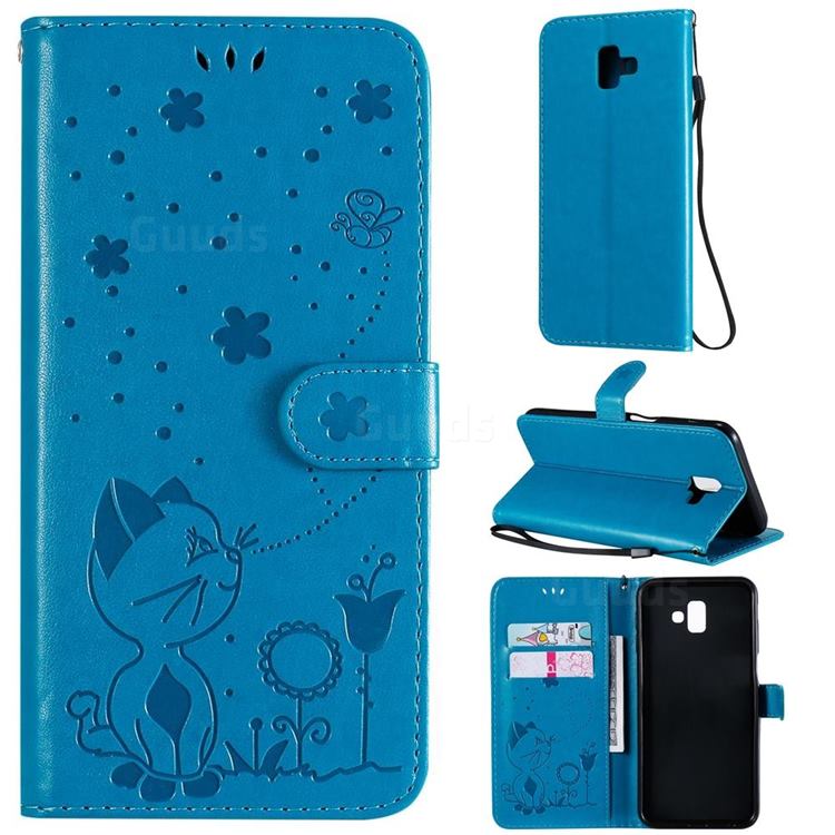 Embossing Bee and Cat Leather Wallet Case for Samsung Galaxy J6 Plus / J6 Prime - Blue