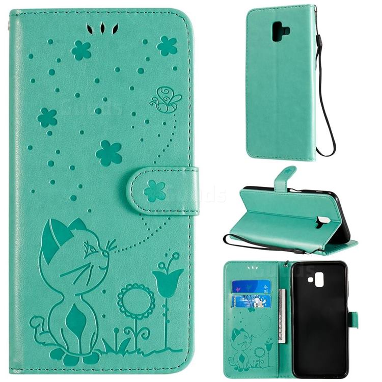Embossing Bee and Cat Leather Wallet Case for Samsung Galaxy J6 Plus / J6 Prime - Green