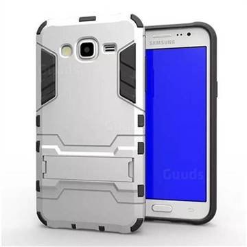 Armor Premium Tactical Grip Kickstand Shockproof Dual Layer Rugged Hard Cover for Samsung Galaxy J7 2015 J700 - Silver