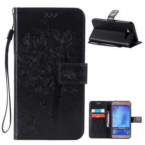 Embossing Butterfly Tree Leather Wallet Case for Samsung Galaxy J7 J700 - Black