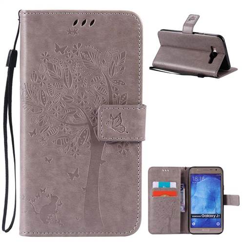 Embossing Butterfly Tree Leather Wallet Case for Samsung Galaxy J7 J700 - Grey