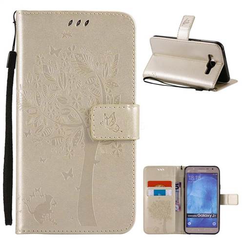 Embossing Butterfly Tree Leather Wallet Case for Samsung Galaxy J7 J700 - Champagne
