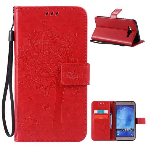 Embossing Butterfly Tree Leather Wallet Case for Samsung Galaxy J7 J700 - Red