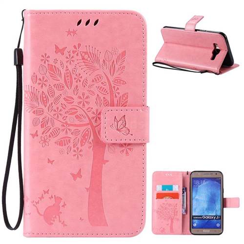 Embossing Butterfly Tree Leather Wallet Case for Samsung Galaxy J7 J700 - Pink