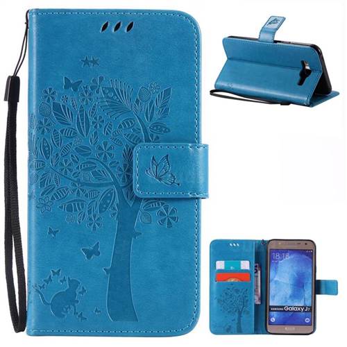 Embossing Butterfly Tree Leather Wallet Case for Samsung Galaxy J7 J700 - Blue