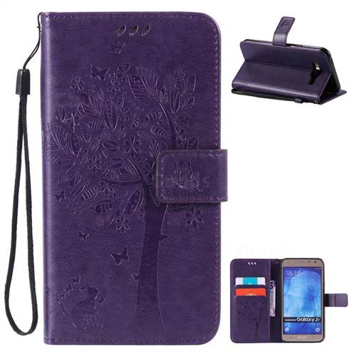 Embossing Butterfly Tree Leather Wallet Case for Samsung Galaxy J7 J700 - Purple