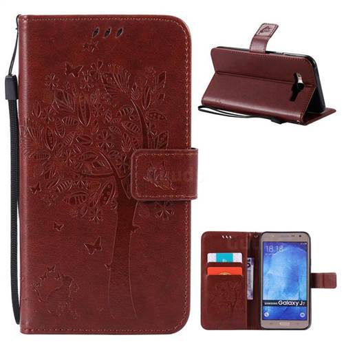 Embossing Butterfly Tree Leather Wallet Case for Samsung Galaxy J7 J700 - Brown