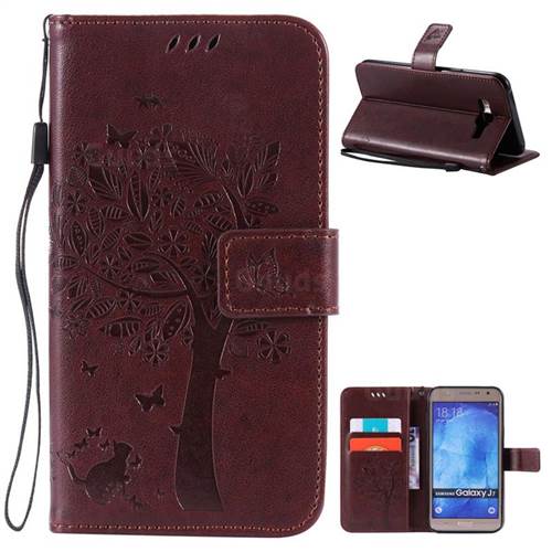 Embossing Butterfly Tree Leather Wallet Case for Samsung Galaxy J7 J700 - Coffee