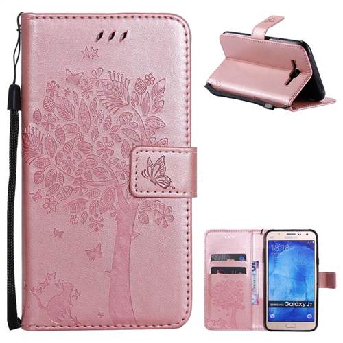 Embossing Butterfly Tree Leather Wallet Case for Samsung Galaxy J7 2015 J700 - Rose Pink