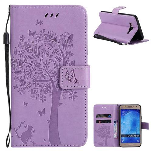 Embossing Butterfly Tree Leather Wallet Case for Samsung Galaxy J7 2015 J700 - Violet