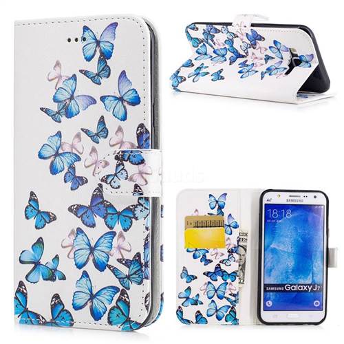 Blue Vivid Butterflies PU Leather Wallet Case for Samsung Galaxy J7 2015 J700