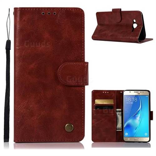 Luxury Retro Leather Wallet Case for Samsung Galaxy J7 2015 J700 - Wine Red