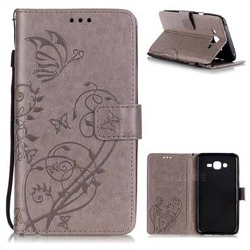 Embossing Butterfly Flower Leather Wallet Case for Samsung Galaxy J7 2015 J700 - Grey