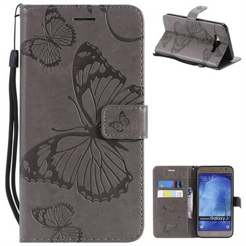 Embossing 3D Butterfly Leather Wallet Case for Samsung Galaxy J7 2015 J700 - Gray