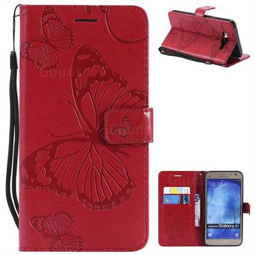 Embossing 3D Butterfly Leather Wallet Case for Samsung Galaxy J7 2015 J700 - Red