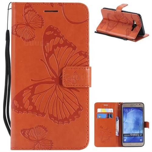 Embossing 3D Butterfly Leather Wallet Case for Samsung Galaxy J7 2015 J700 - Orange