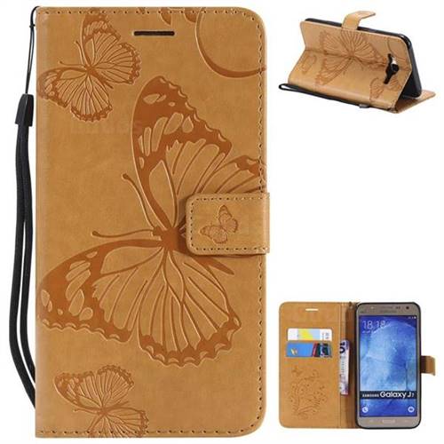 Embossing 3D Butterfly Leather Wallet Case for Samsung Galaxy J7 2015 J700 - Yellow