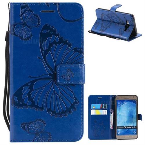 Embossing 3D Butterfly Leather Wallet Case for Samsung Galaxy J7 2015 J700 - Blue
