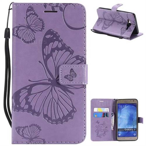 Embossing 3D Butterfly Leather Wallet Case for Samsung Galaxy J7 2015 J700 - Purple