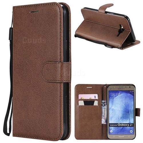 Retro Greek Classic Smooth PU Leather Wallet Phone Case for Samsung Galaxy J7 2015 J700 - Brown