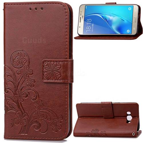 Embossing Imprint Four-Leaf Clover Leather Wallet Case for Samsung Galaxy J7 2016 J710 - Brown