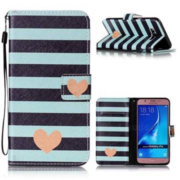 Blue Stripe Heart Leather Wallet Phone Case for Samsung Galaxy J7 2016 J710