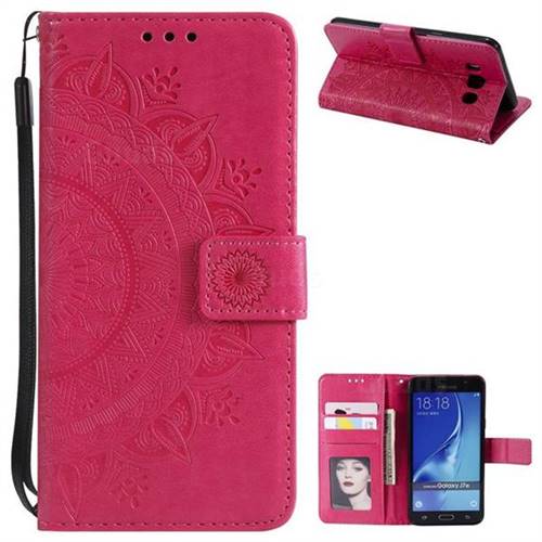 Intricate Embossing Datura Leather Wallet Case for Samsung Galaxy J7 2016 J710 - Rose Red