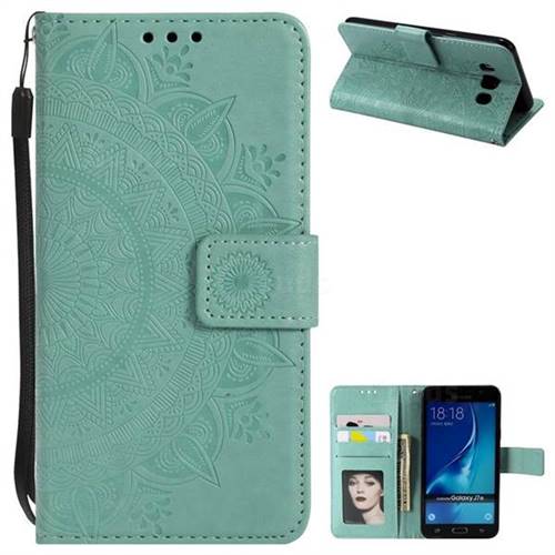 Intricate Embossing Datura Leather Wallet Case for Samsung Galaxy J7 2016 J710 - Mint Green