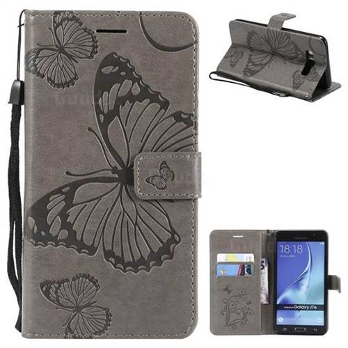 Embossing 3D Butterfly Leather Wallet Case for Samsung Galaxy J7 2016 J710 - Gray