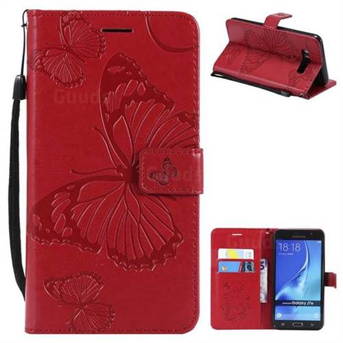 Embossing 3D Butterfly Leather Wallet Case for Samsung Galaxy J7 2016 J710 - Red