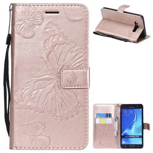 Embossing 3D Butterfly Leather Wallet Case for Samsung Galaxy J7 2016 J710 - Rose Gold