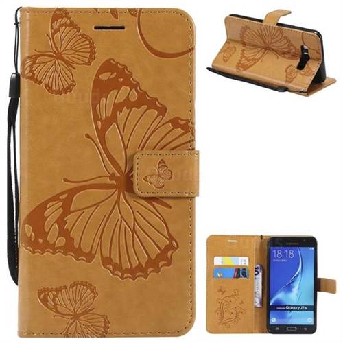 Embossing 3D Butterfly Leather Wallet Case for Samsung Galaxy J7 2016 J710 - Yellow