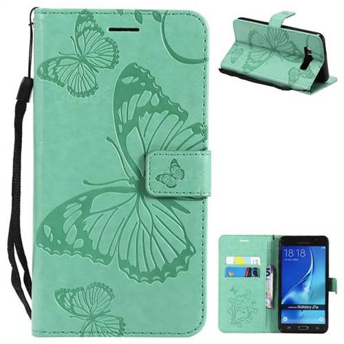 Embossing 3D Butterfly Leather Wallet Case for Samsung Galaxy J7 2016 J710 - Green