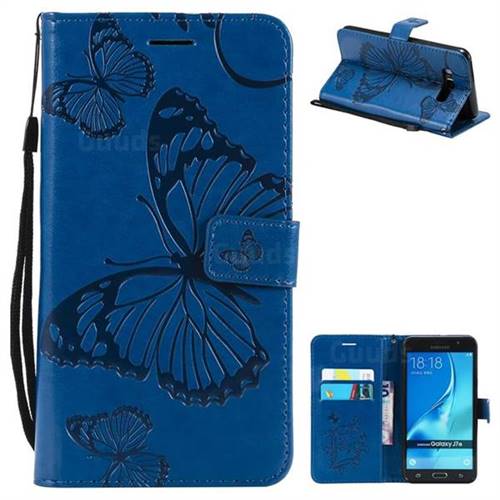 Embossing 3D Butterfly Leather Wallet Case for Samsung Galaxy J7 2016 J710 - Blue