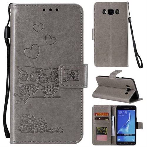 Embossing Owl Couple Flower Leather Wallet Case for Samsung Galaxy J7 2016 J710 - Gray