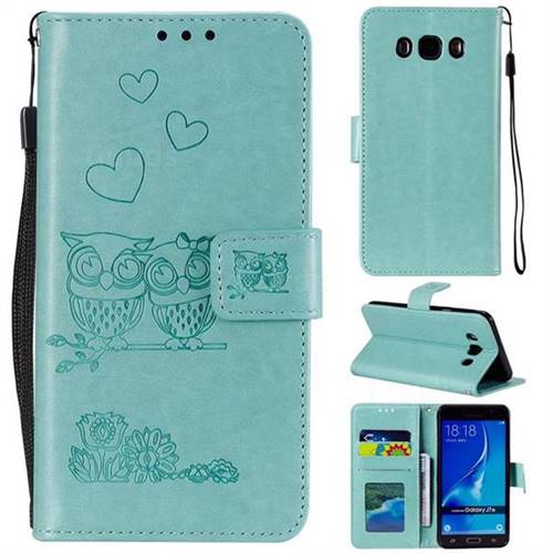 Embossing Owl Couple Flower Leather Wallet Case for Samsung Galaxy J7 2016 J710 - Green