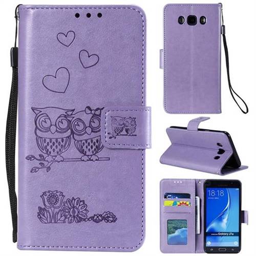 Embossing Owl Couple Flower Leather Wallet Case for Samsung Galaxy J7 2016 J710 - Purple