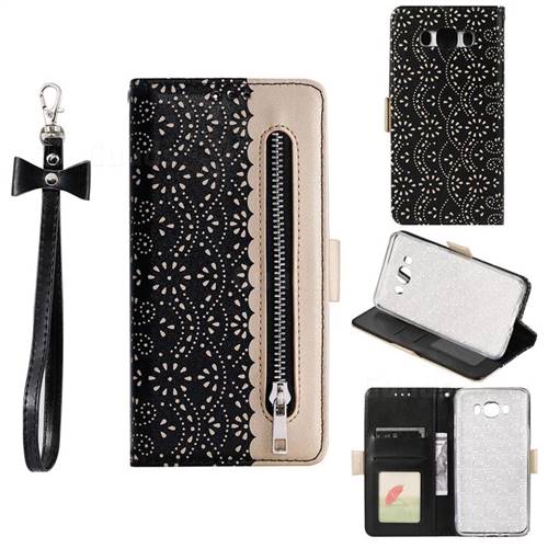 Luxury Lace Zipper Stitching Leather Phone Wallet Case for Samsung Galaxy J7 2016 J710 - Black