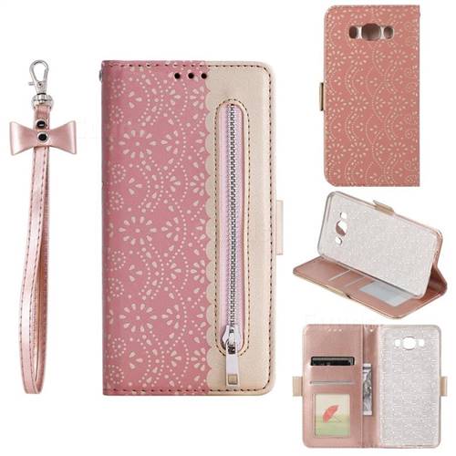 Luxury Lace Zipper Stitching Leather Phone Wallet Case for Samsung Galaxy J7 2016 J710 - Pink