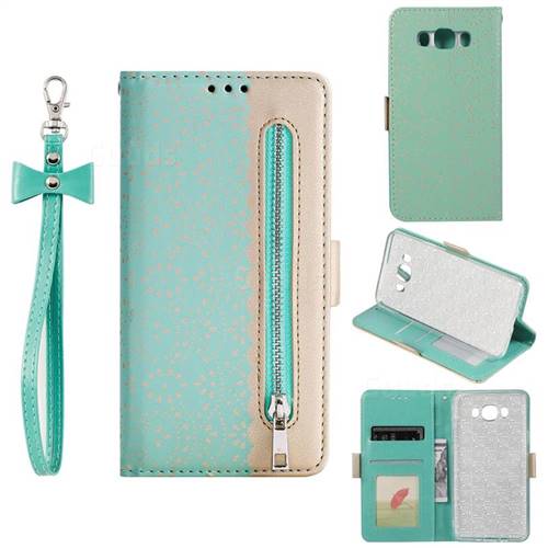 Luxury Lace Zipper Stitching Leather Phone Wallet Case for Samsung Galaxy J7 2016 J710 - Green