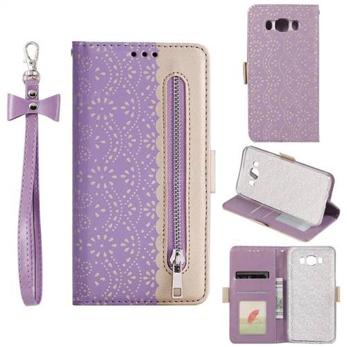 Luxury Lace Zipper Stitching Leather Phone Wallet Case for Samsung Galaxy J7 2016 J710 - Purple