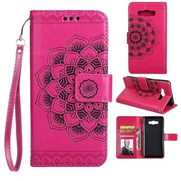 Embossing Half Mandala Flower Leather Wallet Case for Samsung Galaxy J7 2016 J710 - Rose Red